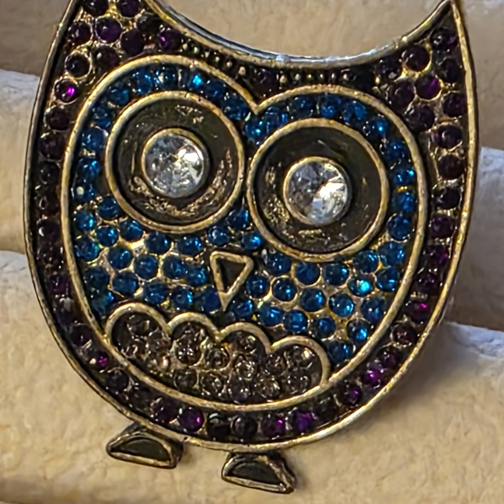 Owl Rhinestone Stretch Statement Ring Blue Purple… - image 2